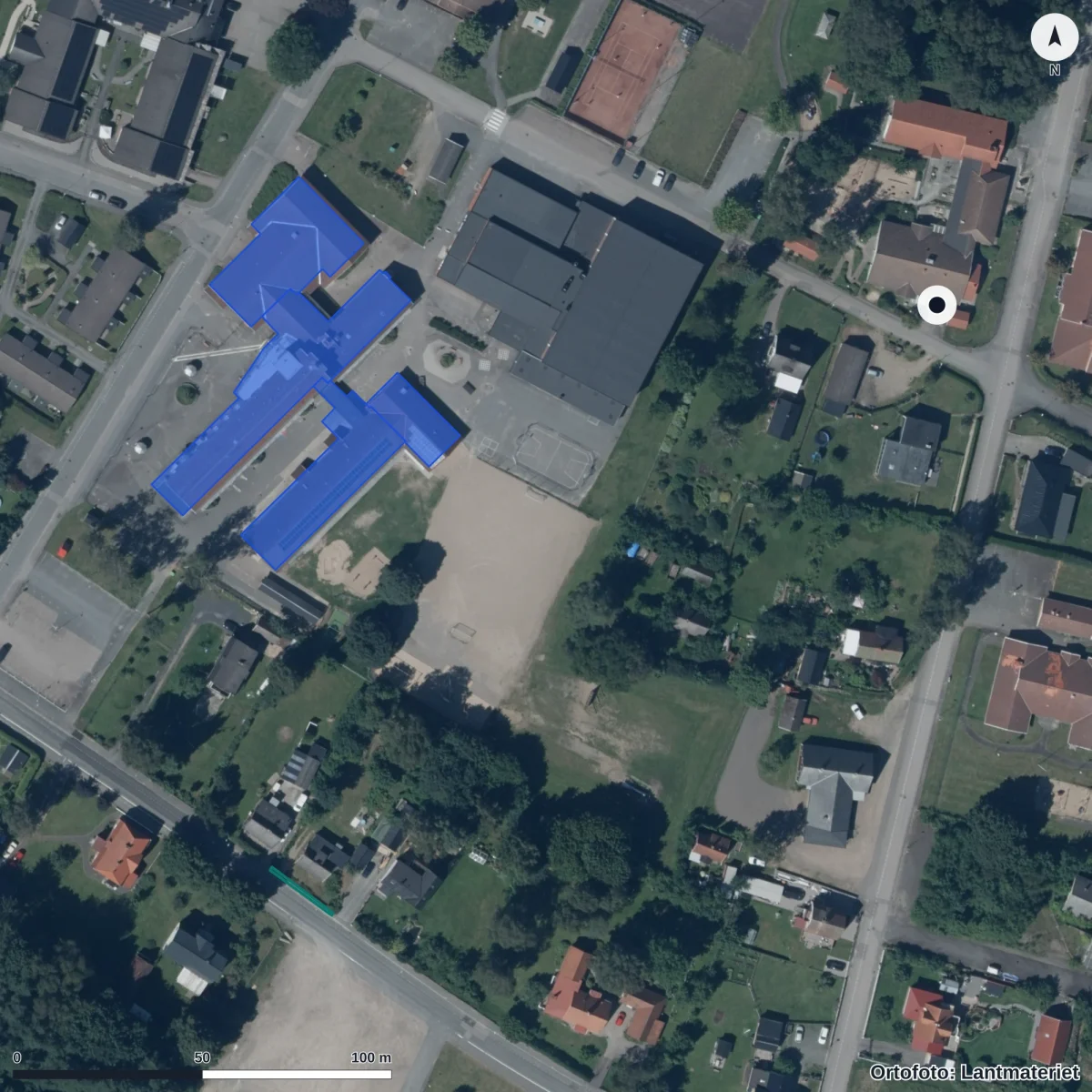 Flygbild över Hästhovens Förskola, ortofoto från Lantmäteriet