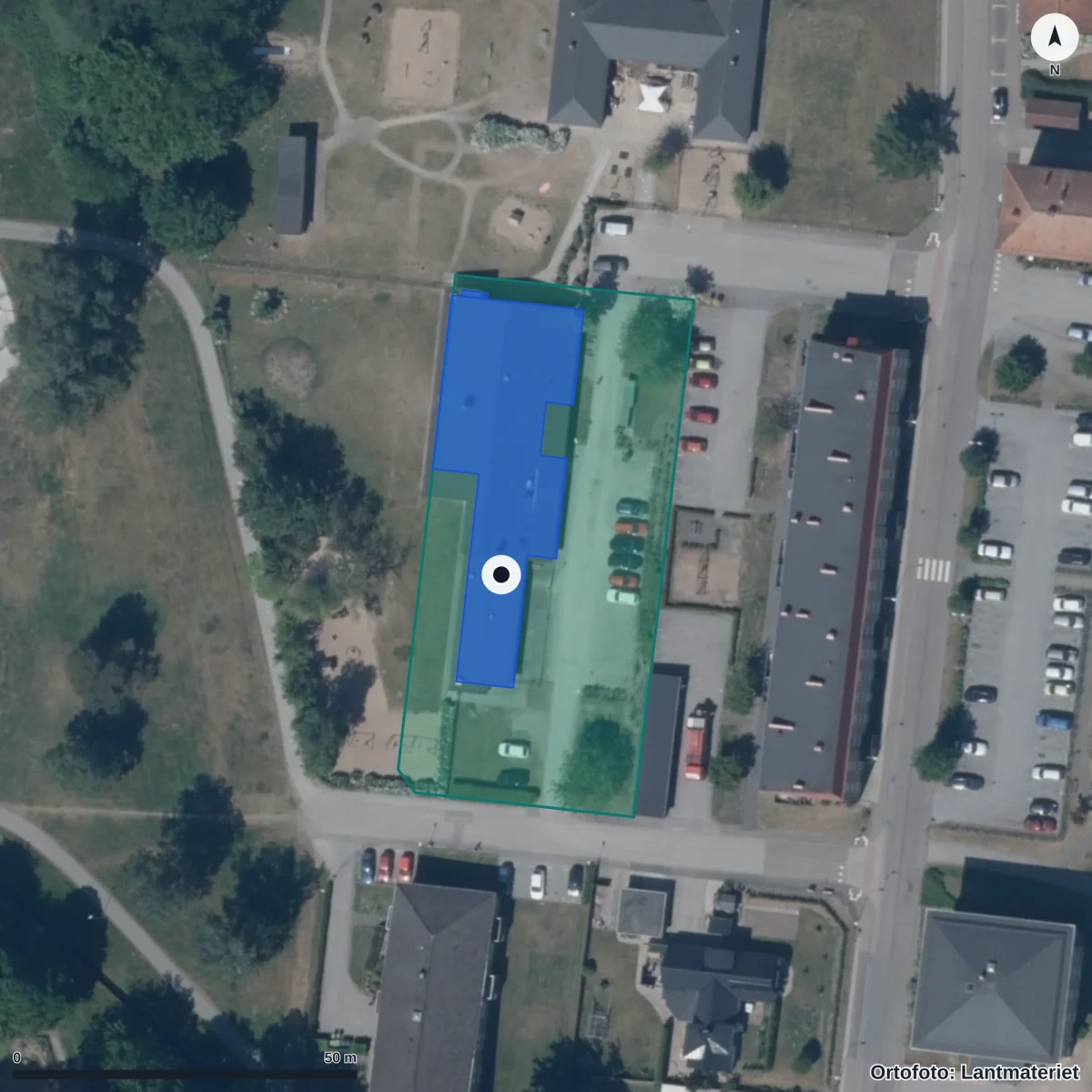 Flygbild över Lillgårdens Förskola, ortofoto från Lantmäteriet