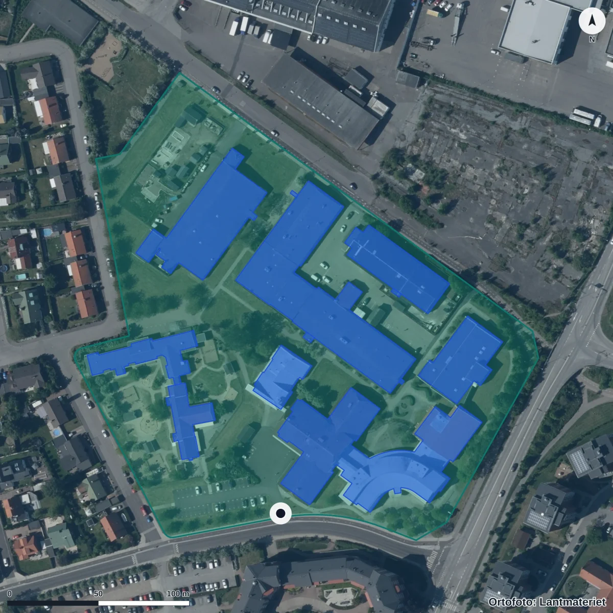 Flygbild över Fågelsångens Förskola, ortofoto från Lantmäteriet