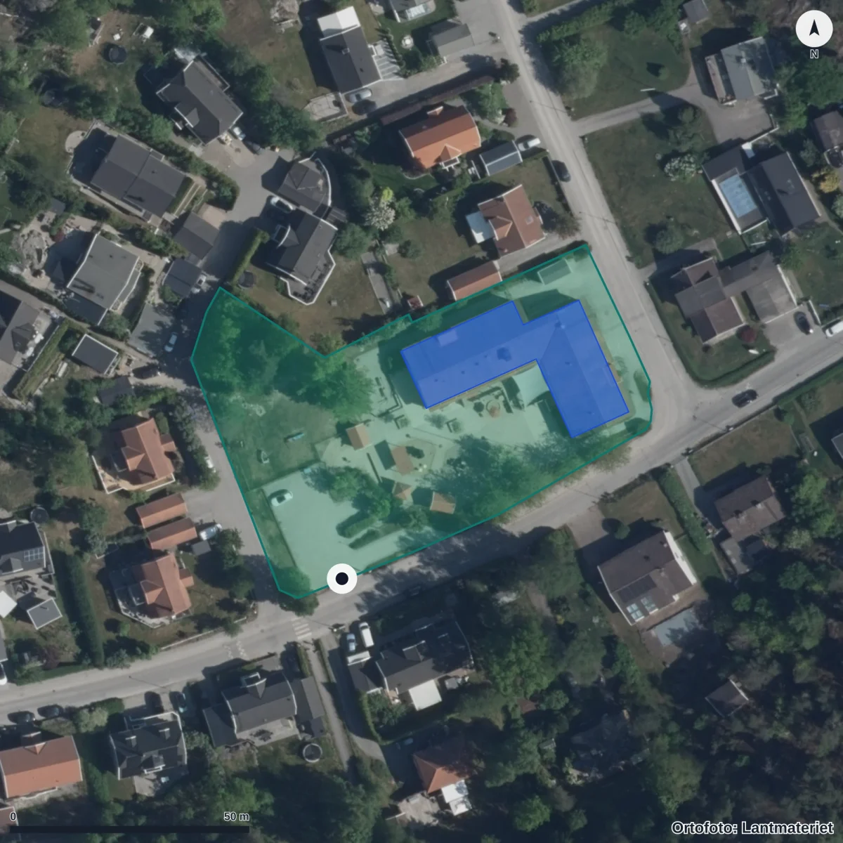 Flygbild över Smista Förskola, ortofoto från Lantmäteriet