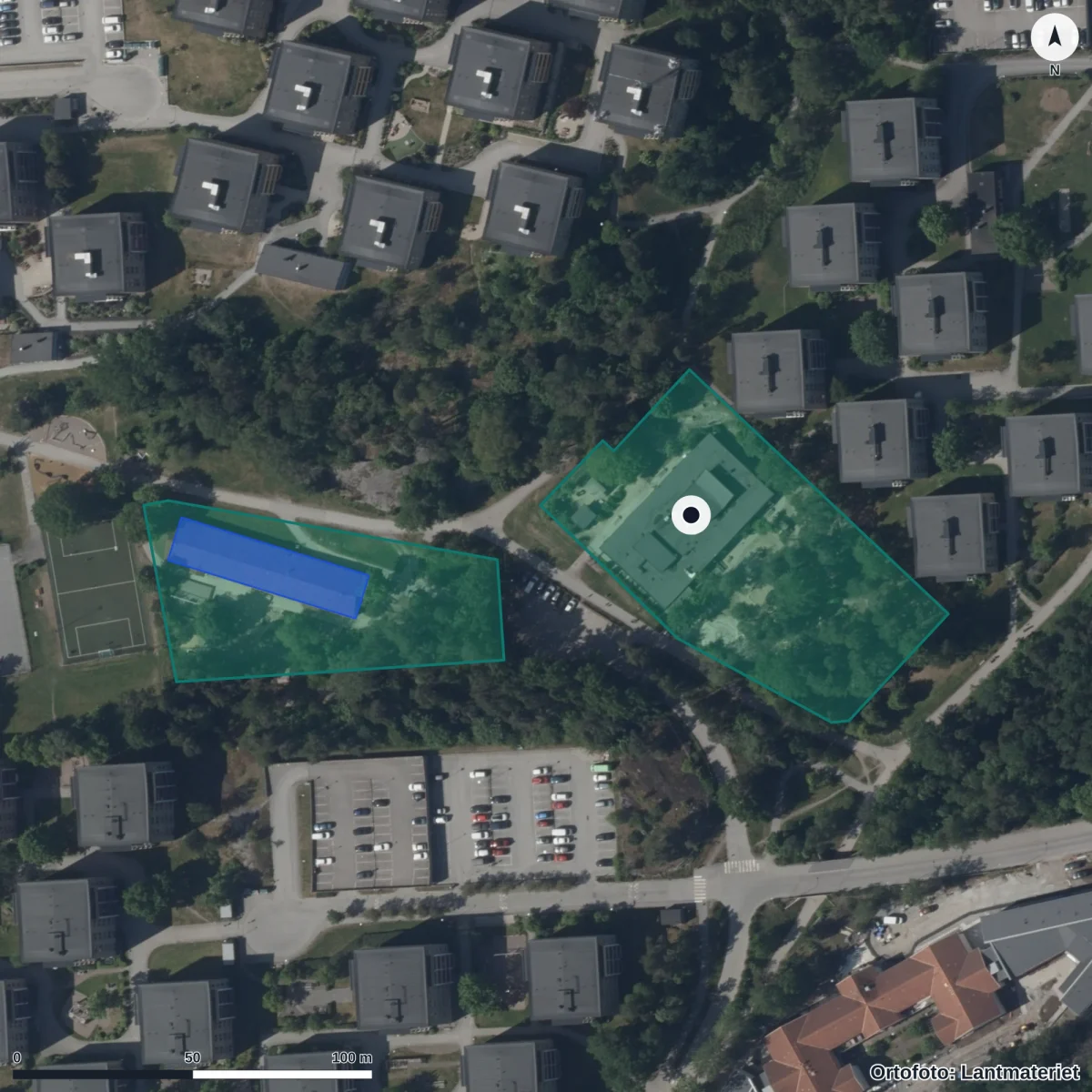 Flygbild över Korallens Förskola, ortofoto från Lantmäteriet
