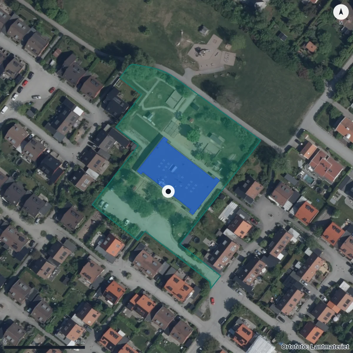 Flygbild över Näsbygårds Förskola, ortofoto från Lantmäteriet