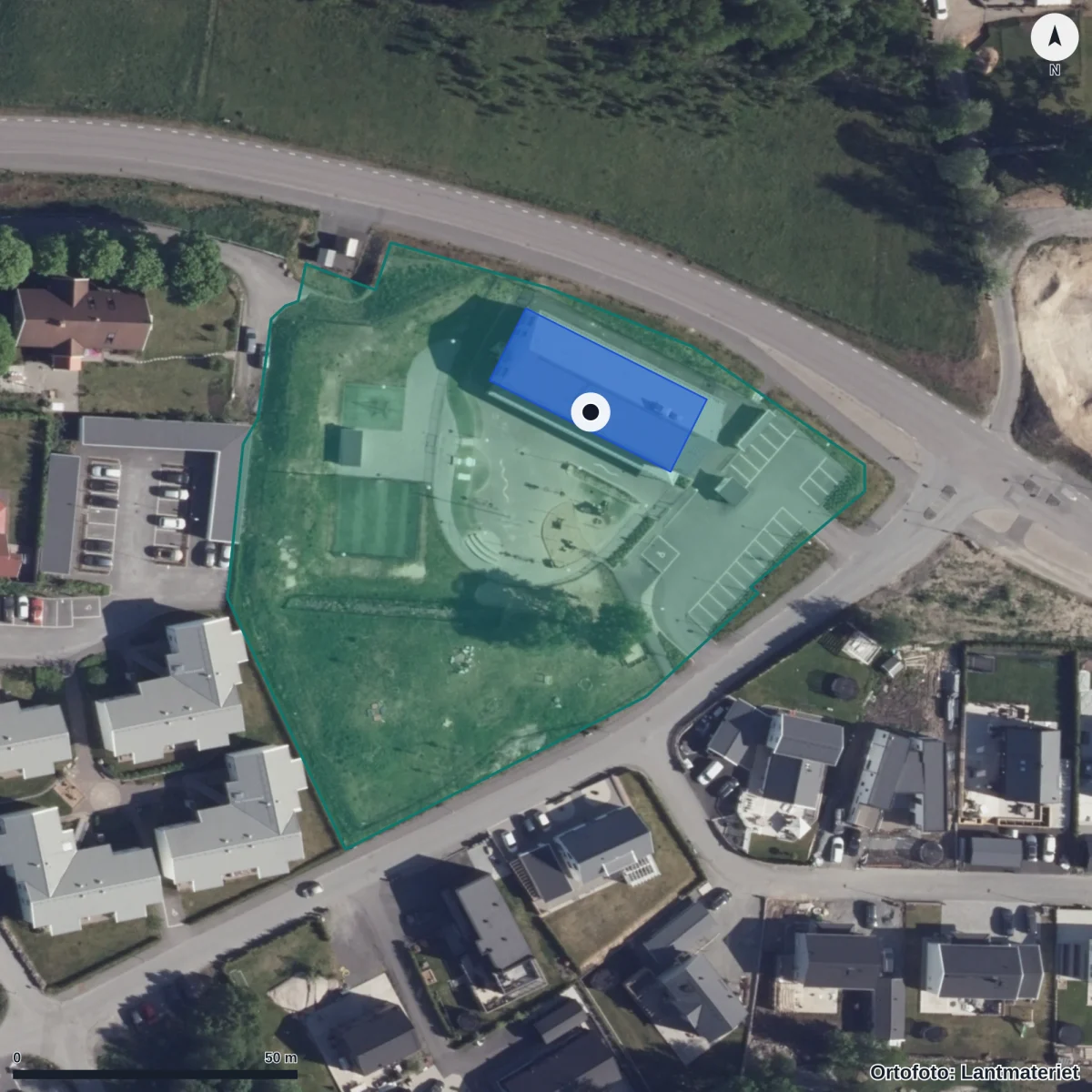 Flygbild över Jensen Förskola, ortofoto från Lantmäteriet