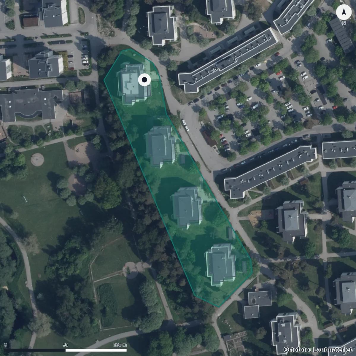 Flygbild över Sätragården, ortofoto från Lantmäteriet