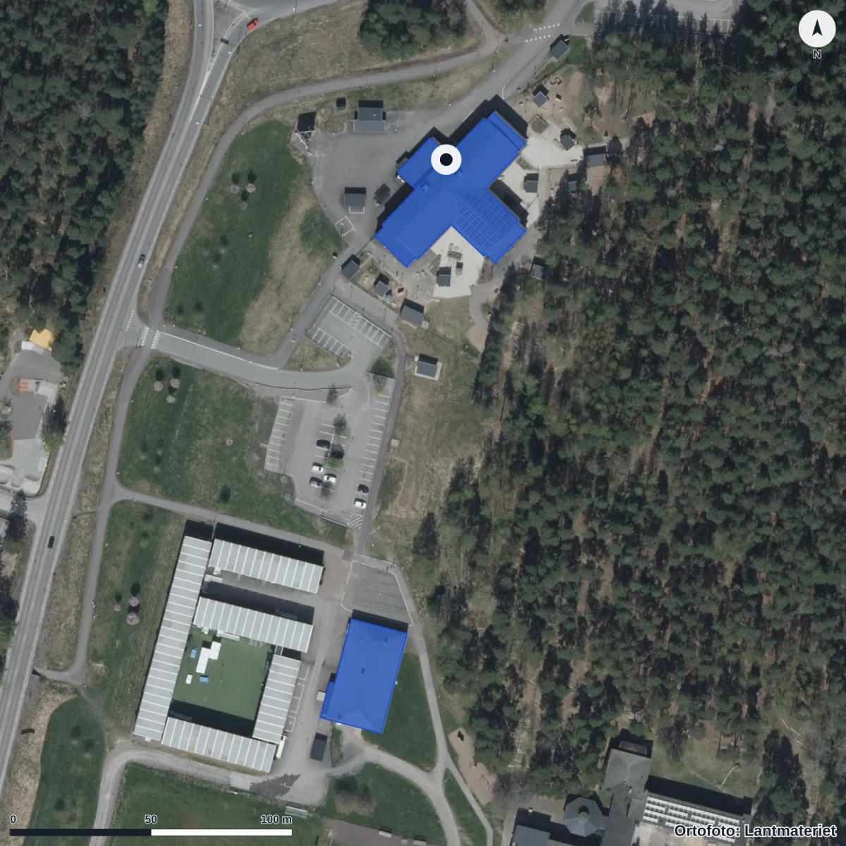 Flygbild över Mörmoskogens Förskola, ortofoto från Lantmäteriet