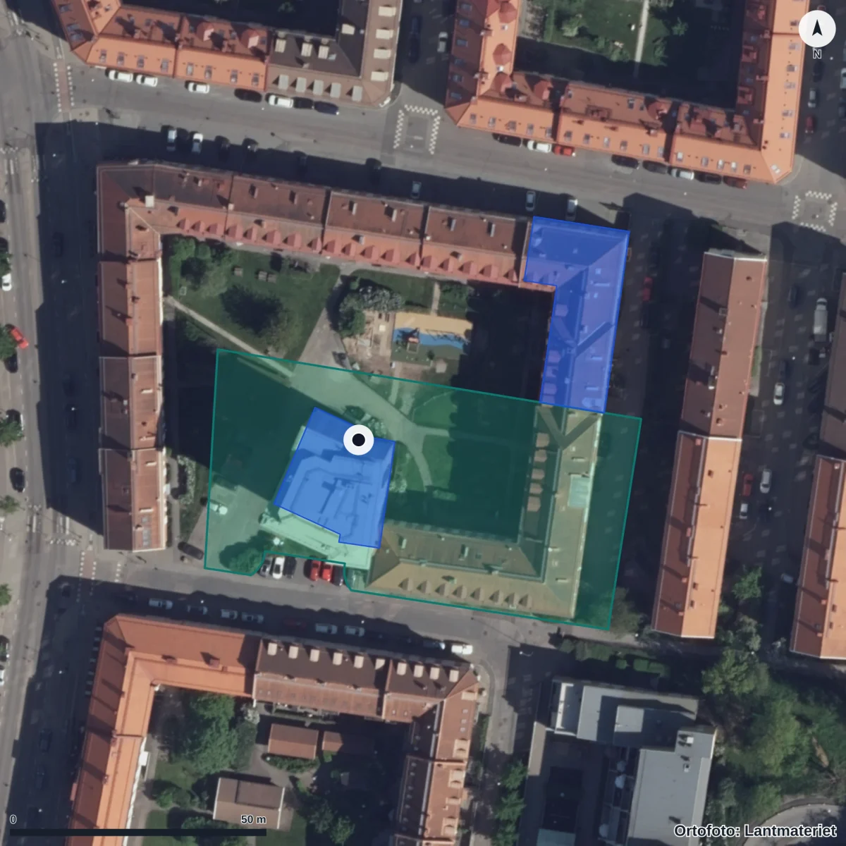 Flygbild över Dibber Torkelsgatan Förskola, ortofoto från Lantmäteriet