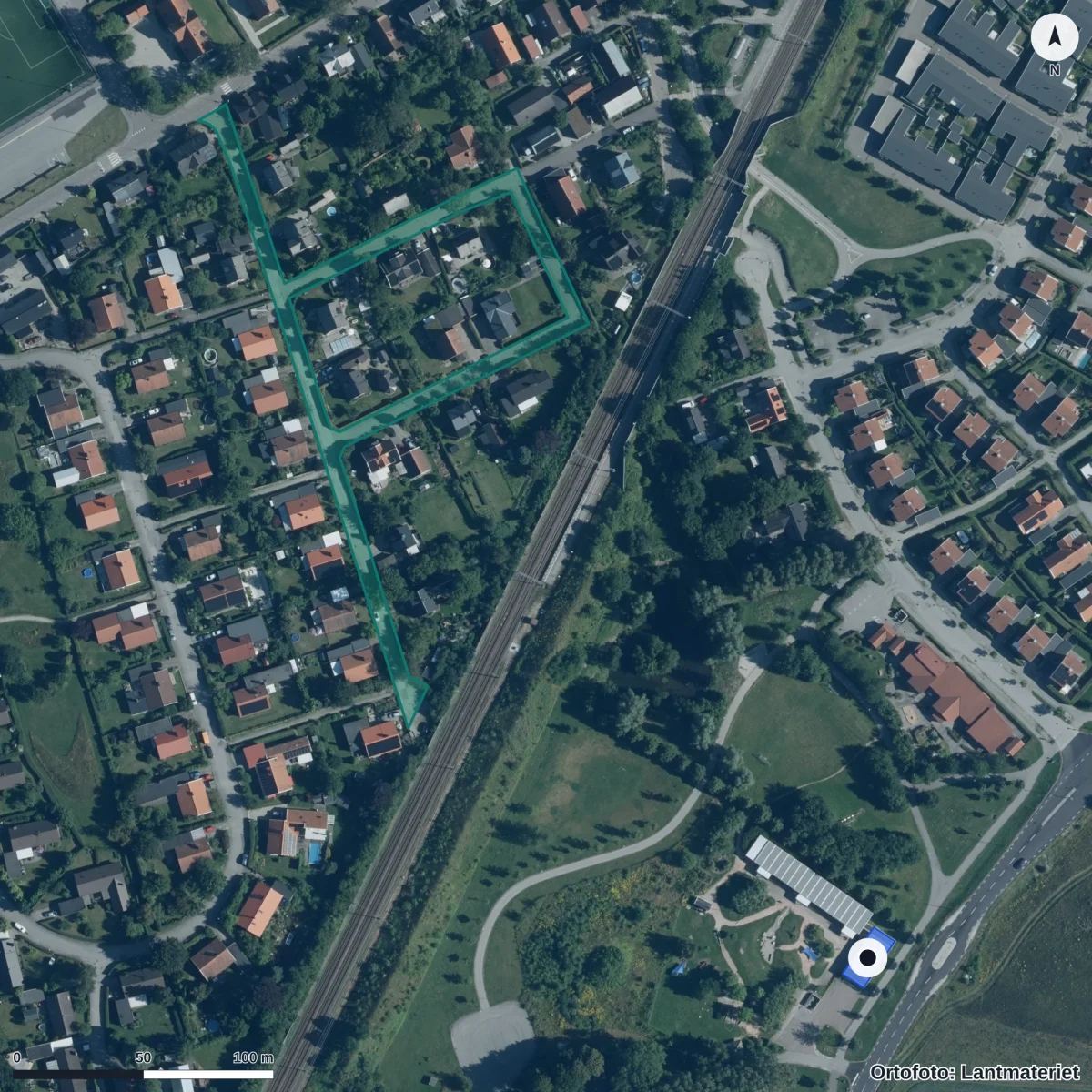 Flygbild över Tågets Förskola, ortofoto från Lantmäteriet