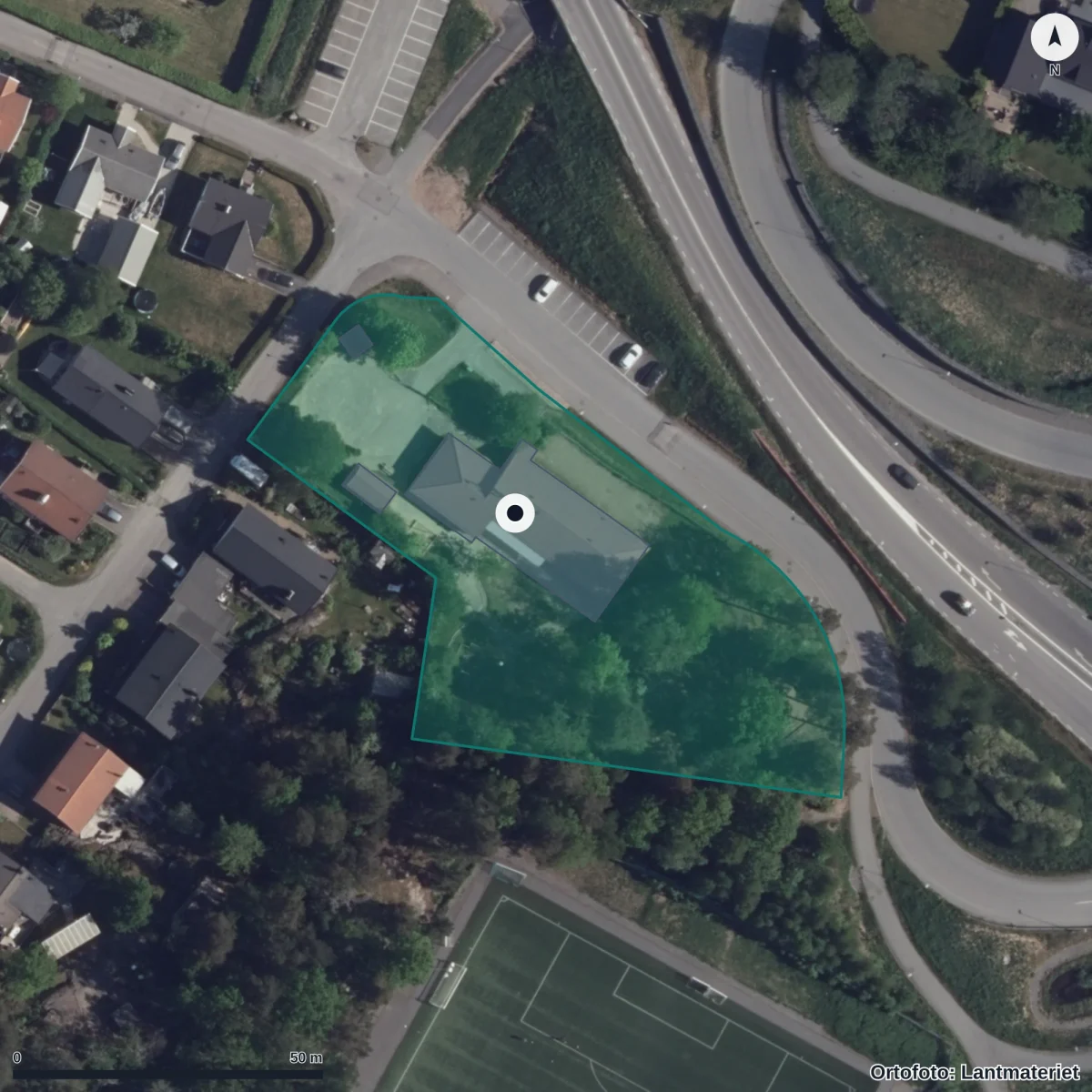 Flygbild över Mossens Förskola, ortofoto från Lantmäteriet