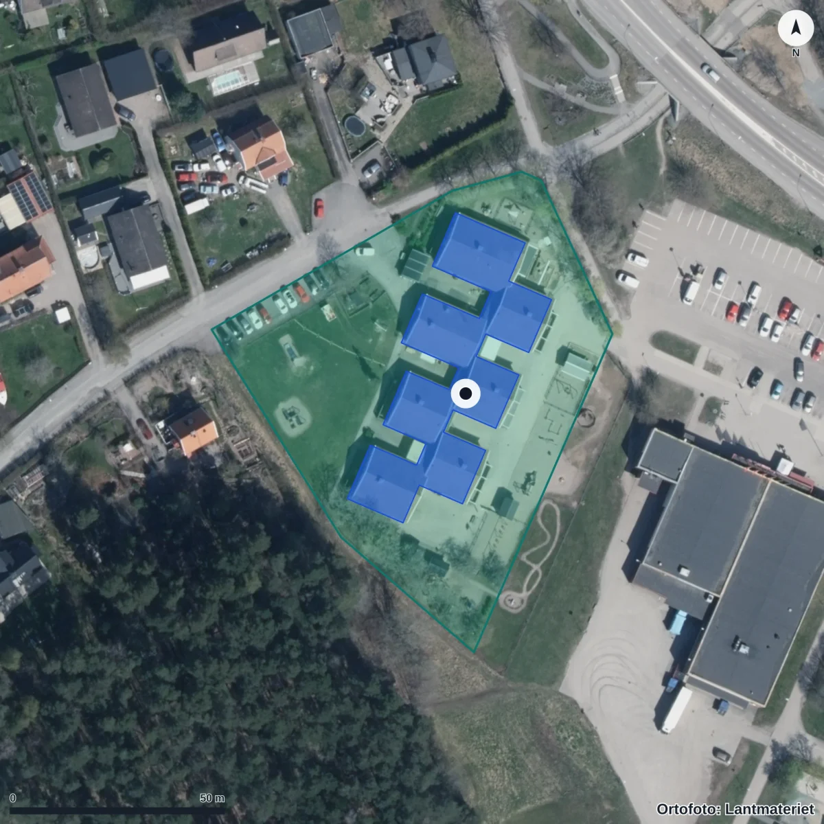 Flygbild över Edlingevägens Förskola, ortofoto från Lantmäteriet