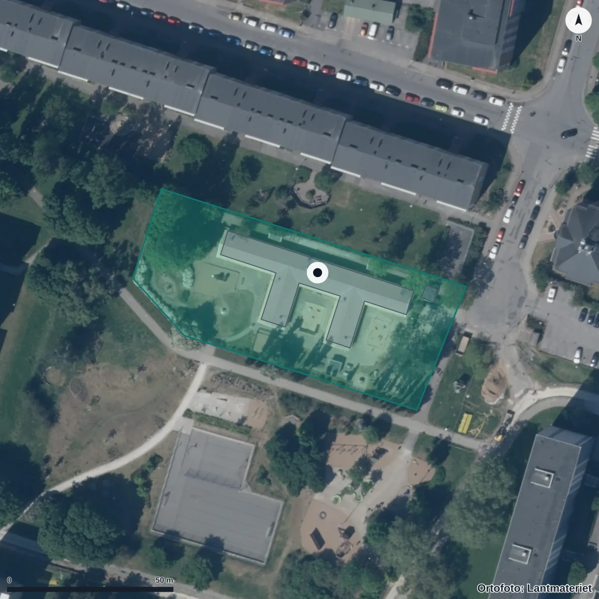 Flygbild över Sånglärkans Förskola, ortofoto från Lantmäteriet