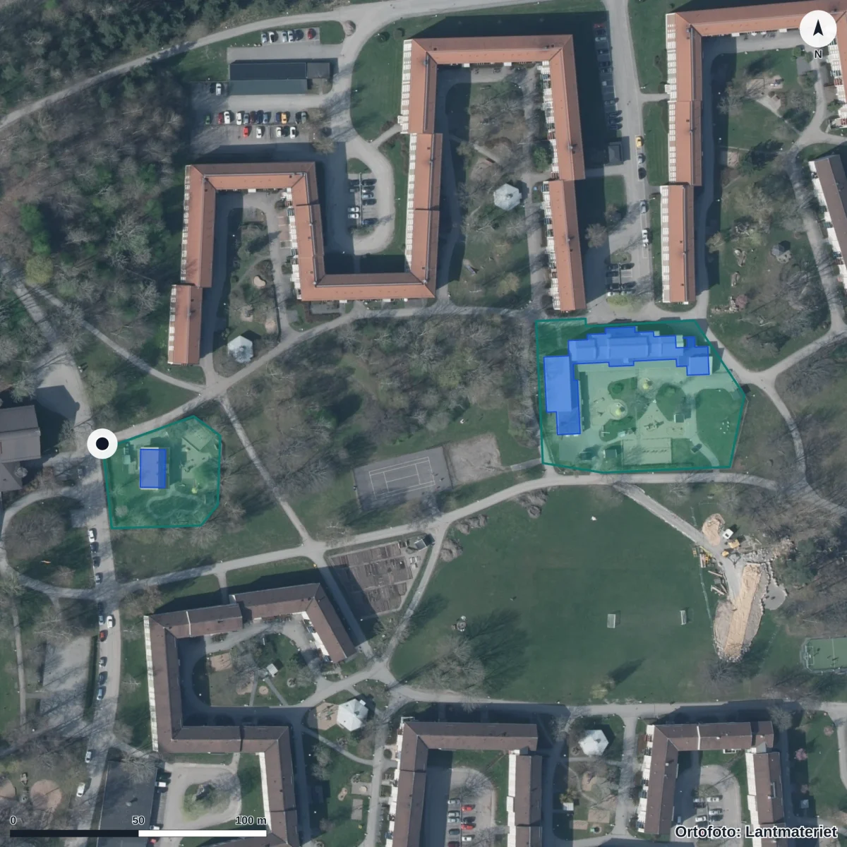 Flygbild över Larsgården, ortofoto från Lantmäteriet