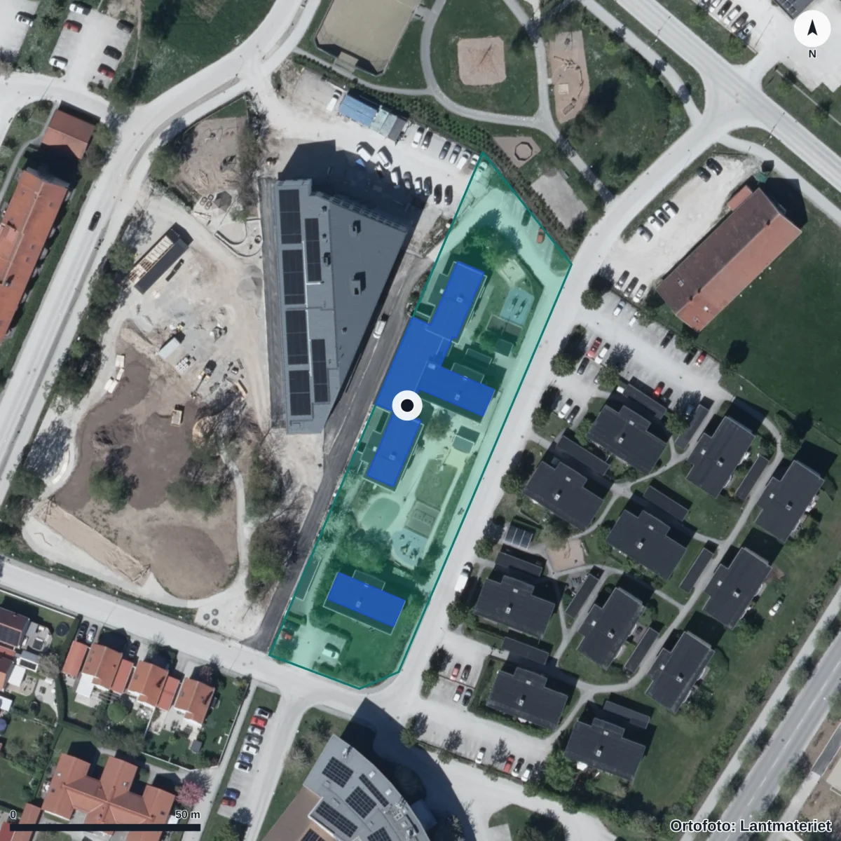 Flygbild över Asken Förskola, ortofoto från Lantmäteriet