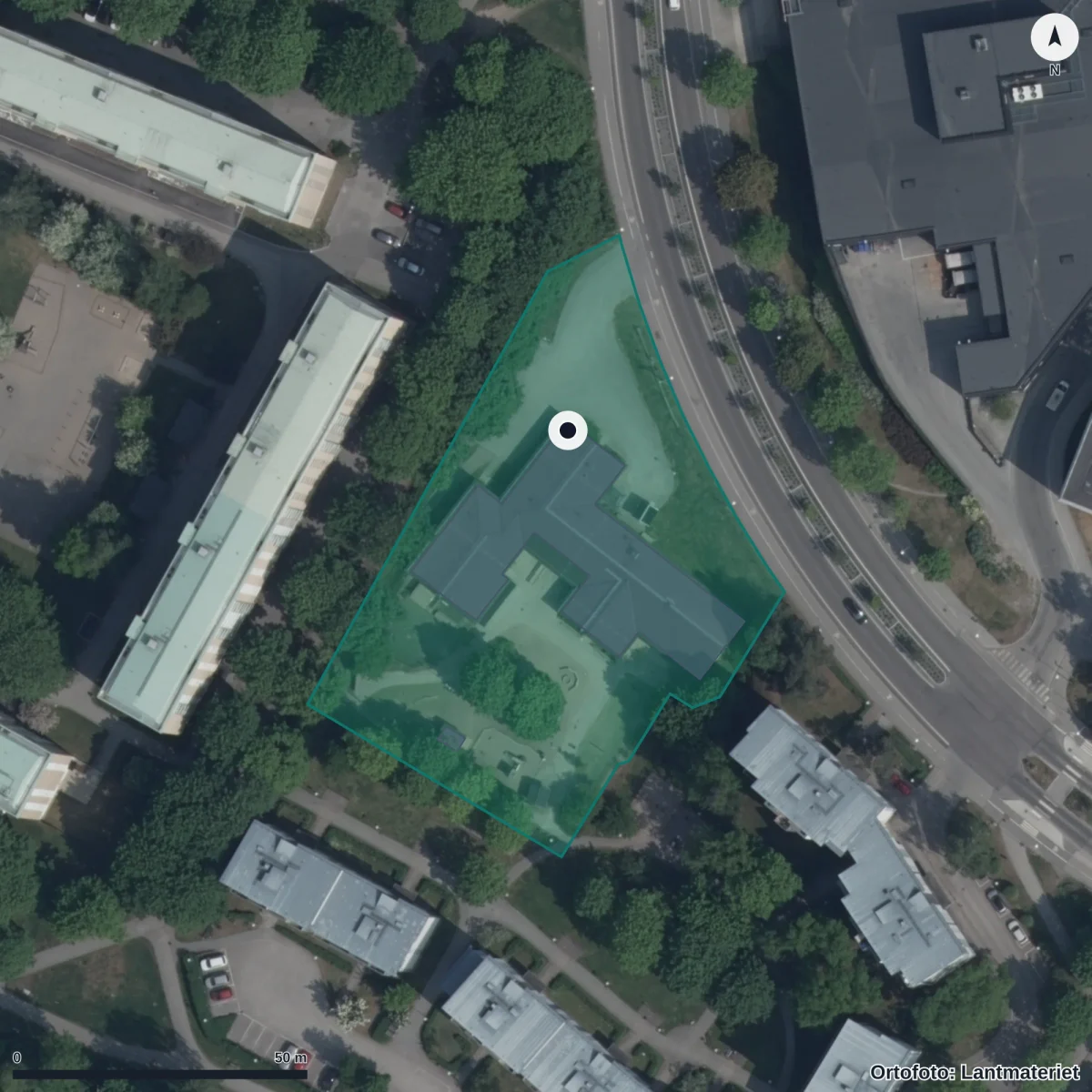 Flygbild över Förskolan Rödkinda, ortofoto från Lantmäteriet