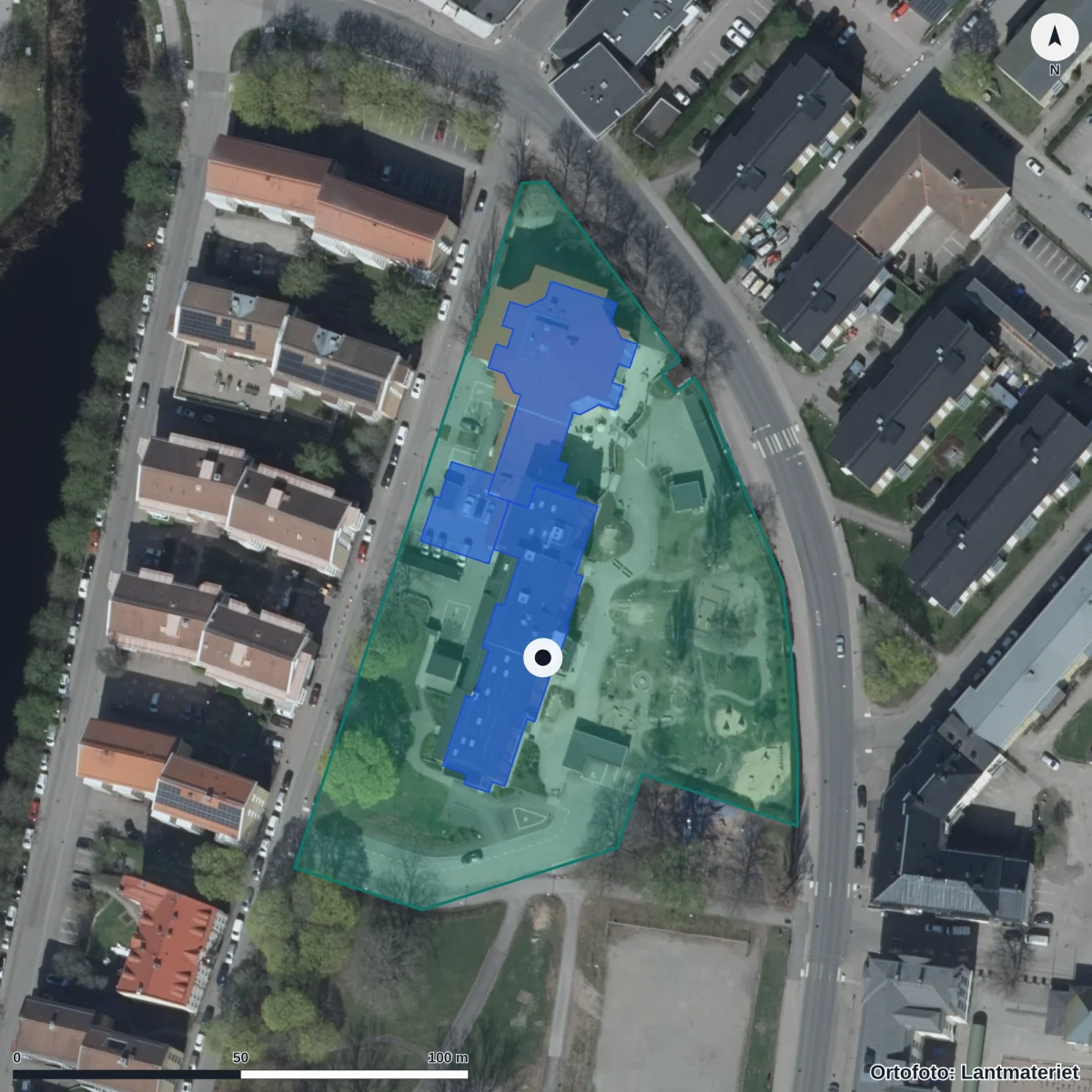 Flygbild över Förskolan Galaxen, ortofoto från Lantmäteriet