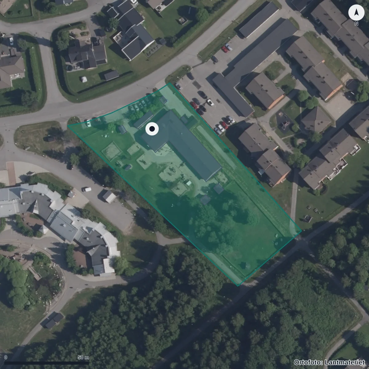 Flygbild över Ostronstigens Förskola, ortofoto från Lantmäteriet