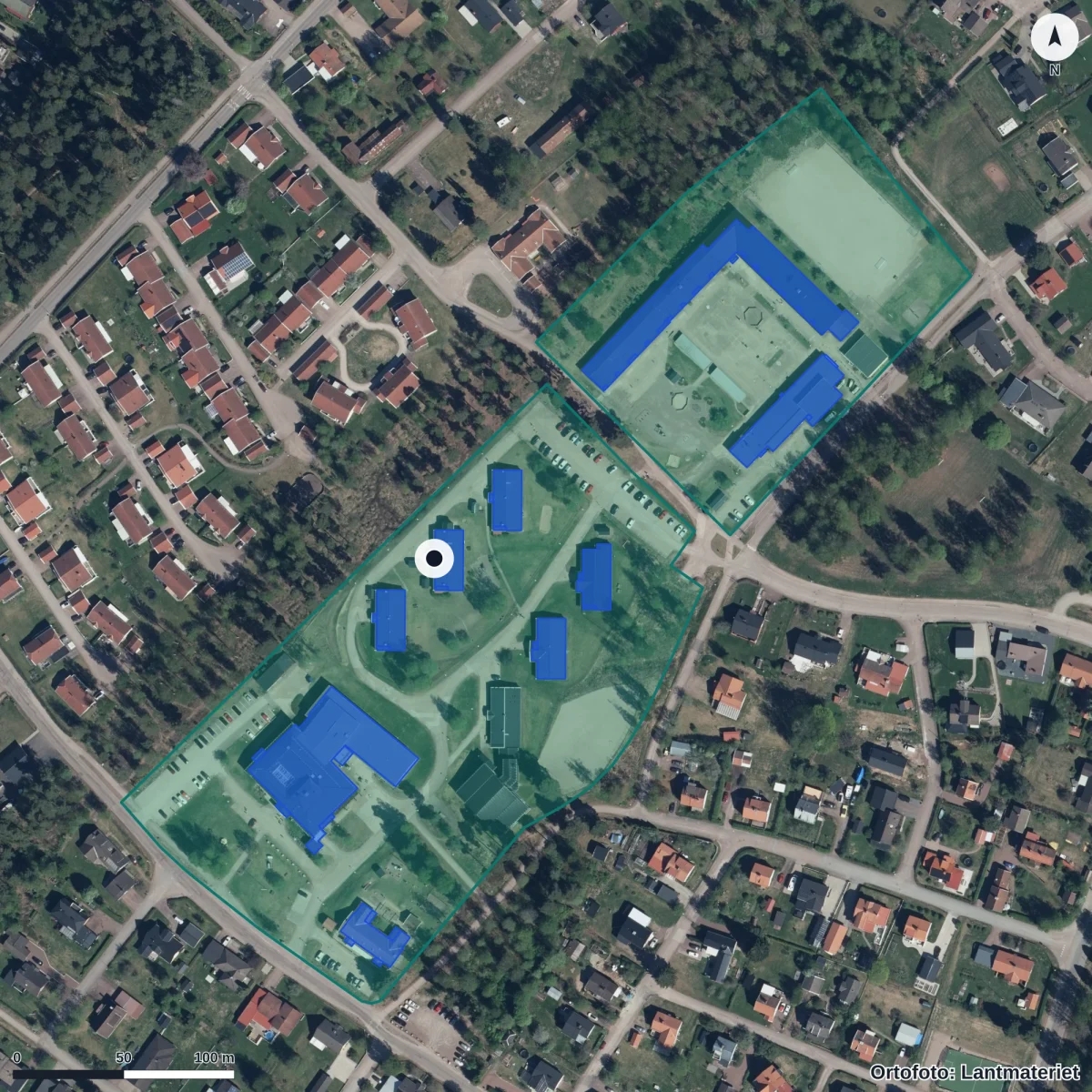 Flygbild över Bullerbyns Förskola, ortofoto från Lantmäteriet