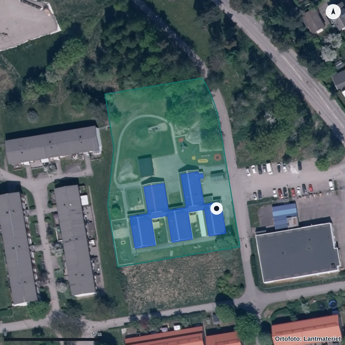 Flygbild över Marierovägens Förskola, ortofoto från Lantmäteriet