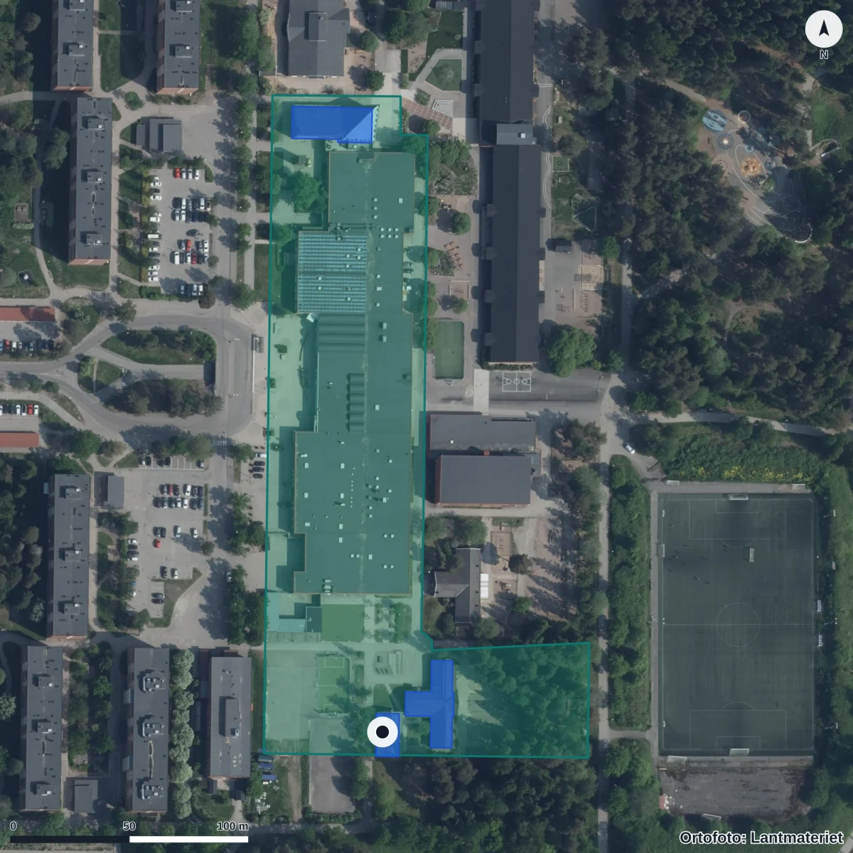 Flygbild över Apollogården, ortofoto från Lantmäteriet