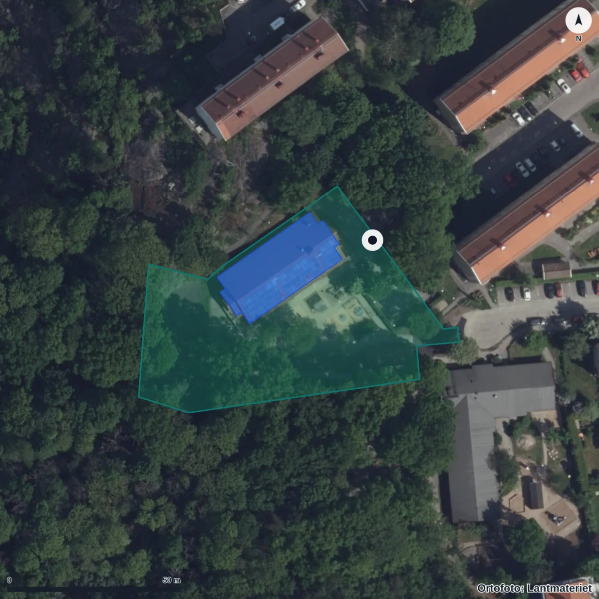Flygbild över Häcklöparegatan 3 Förskola, ortofoto från Lantmäteriet