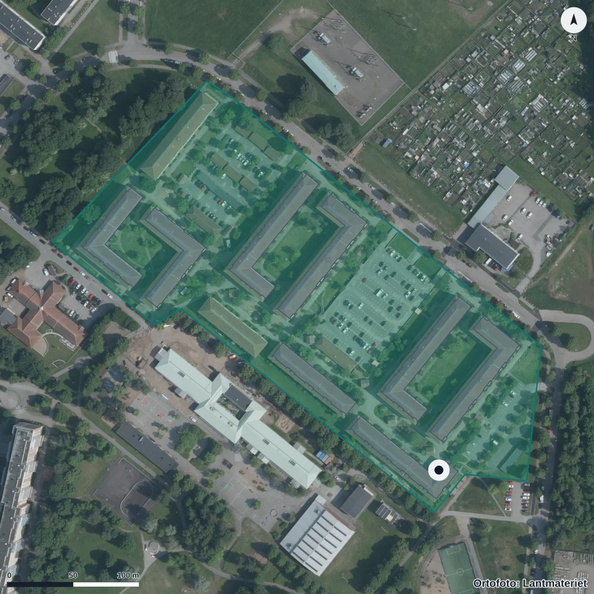 Flygbild över Andersbergsringens Förskola, ortofoto från Lantmäteriet