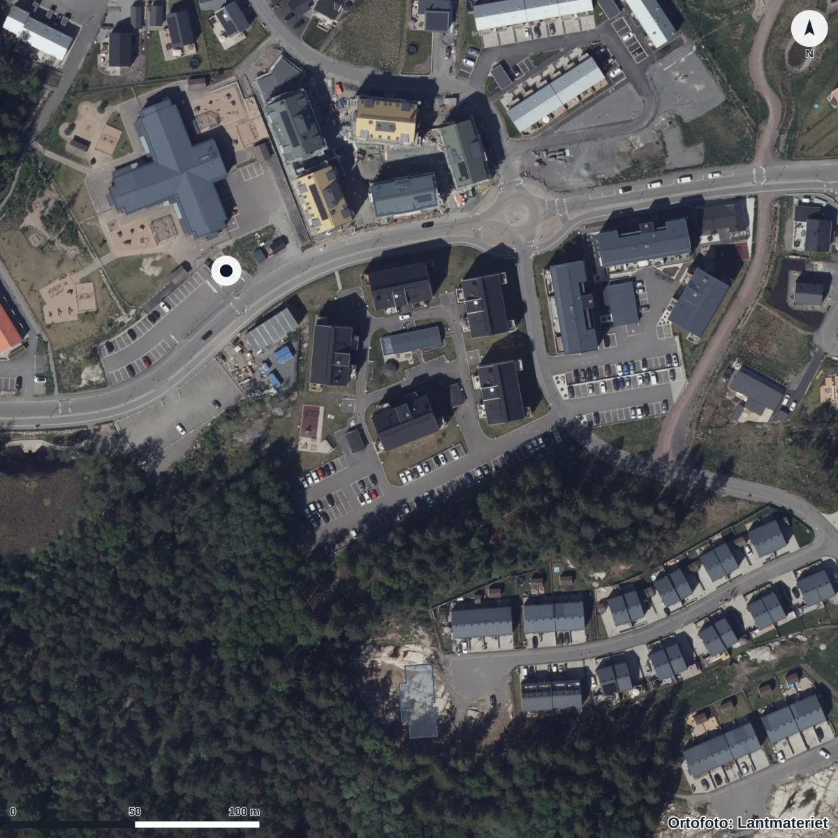Flygbild över Nordtags Förskola, ortofoto från Lantmäteriet