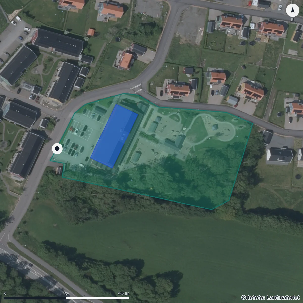 Flygbild över Stenens Förskola, ortofoto från Lantmäteriet