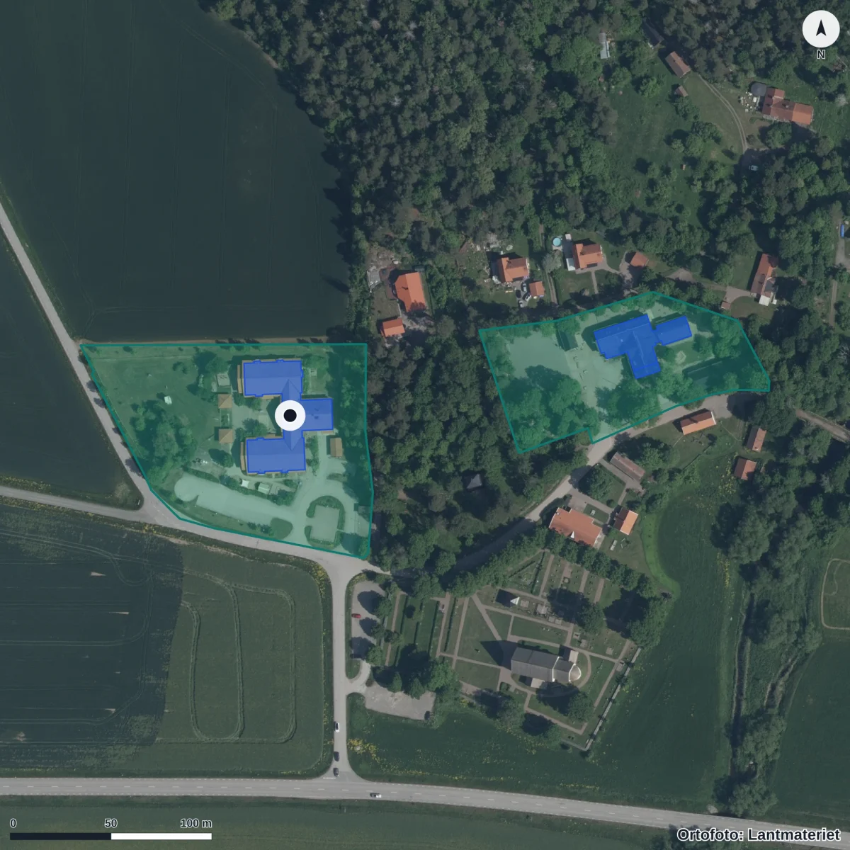 Flygbild över Funbo Förskola, ortofoto från Lantmäteriet