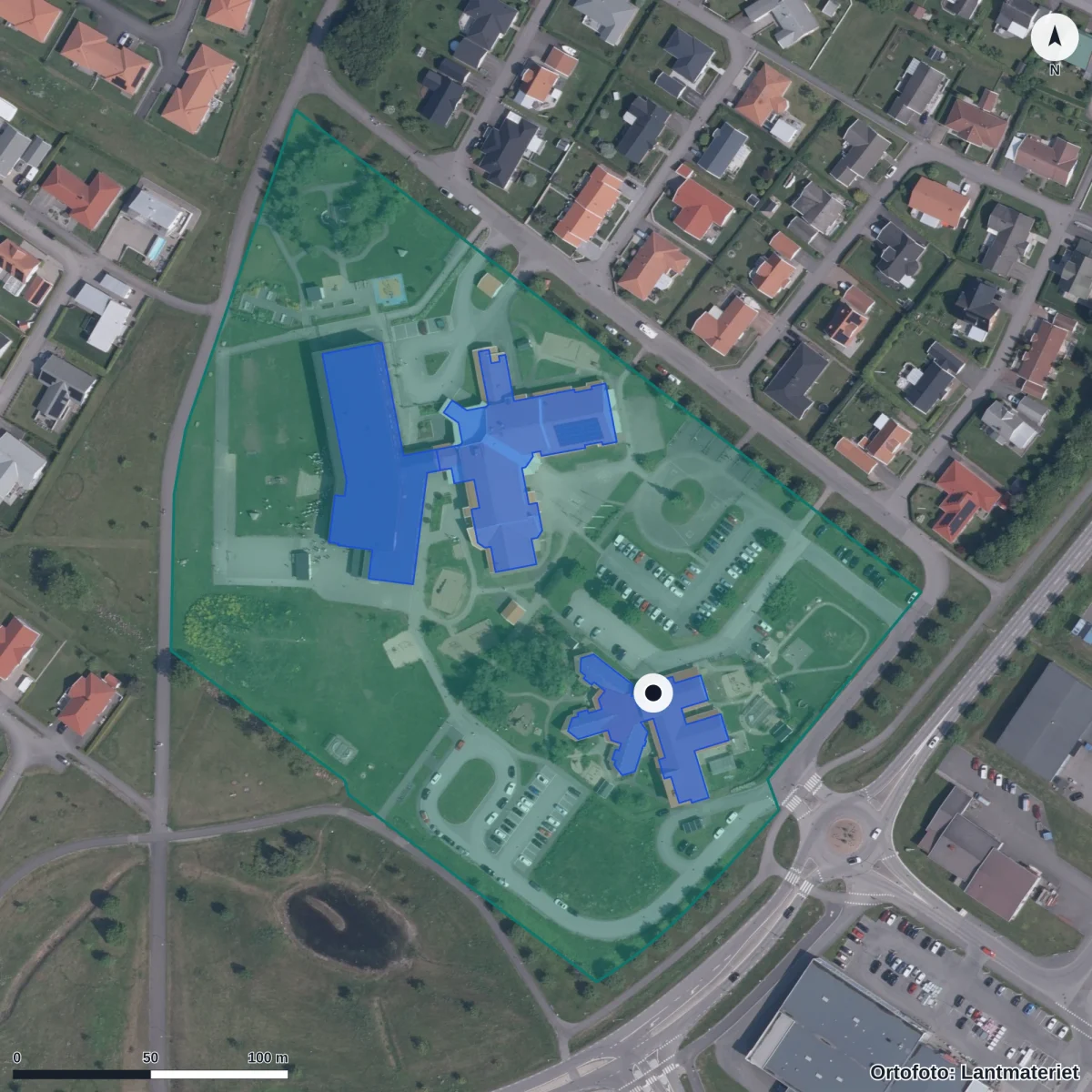 Flygbild över Vindängens Förskola, ortofoto från Lantmäteriet