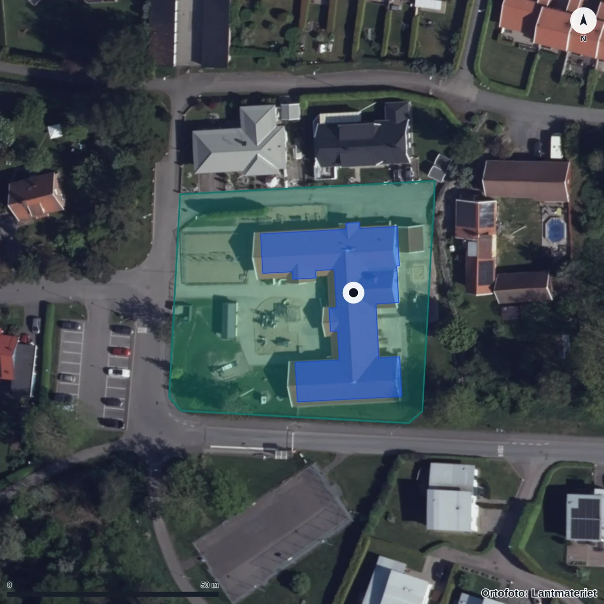 Flygbild över Håkansgårdens Förskola, ortofoto från Lantmäteriet