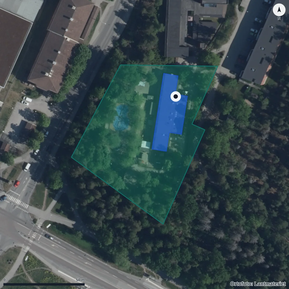 Flygbild över Rösjö Förskola, ortofoto från Lantmäteriet