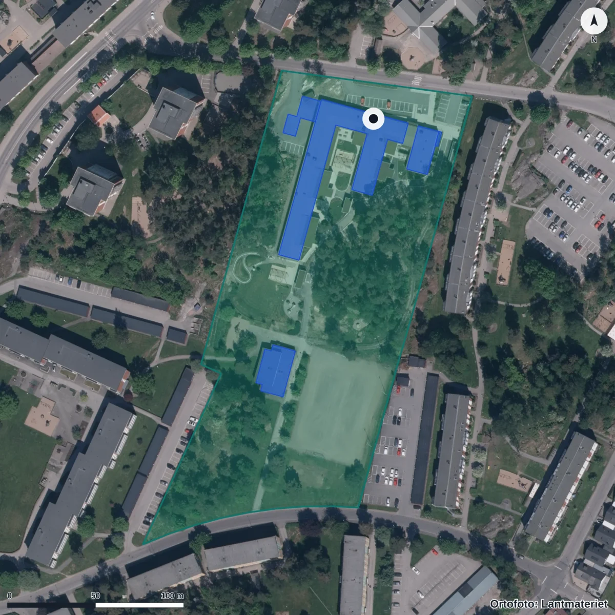 Flygbild över Spiltans Förskola, ortofoto från Lantmäteriet