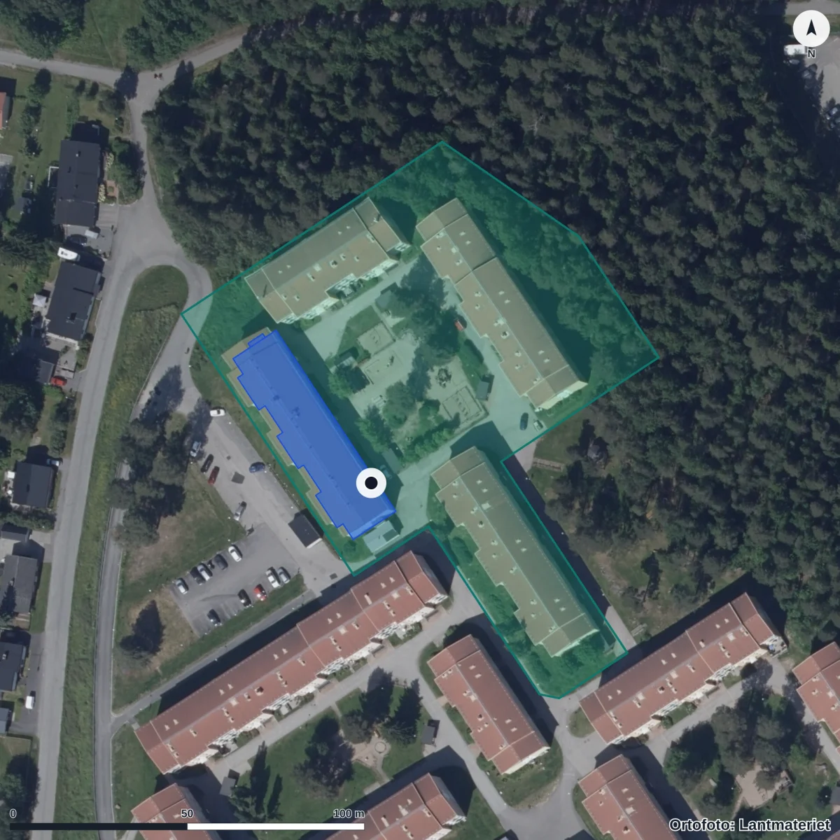 Flygbild över Klippans Förskola, ortofoto från Lantmäteriet