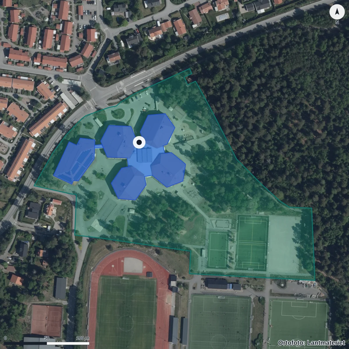 Flygbild över Språkförskolan, ortofoto från Lantmäteriet