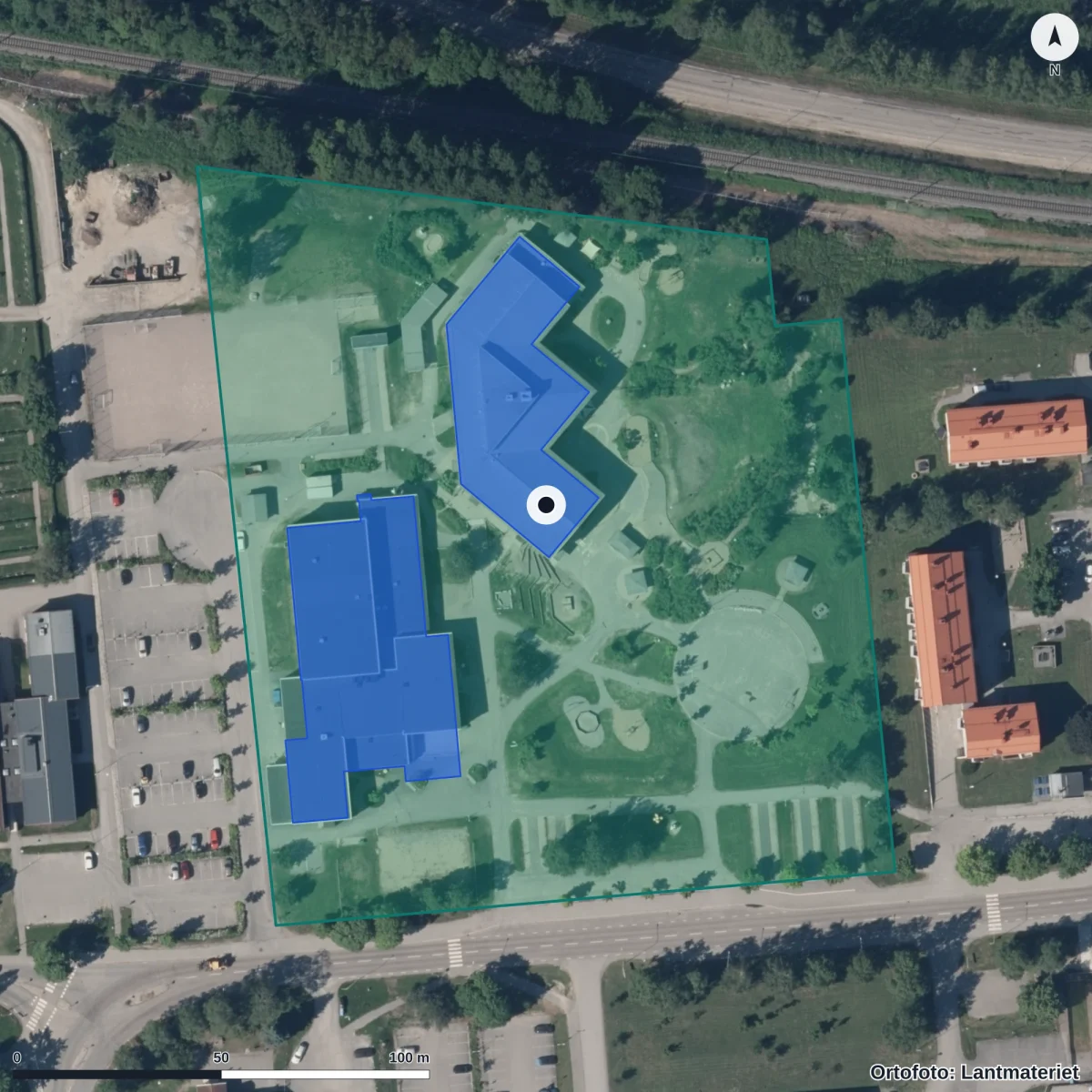 Flygbild över Själevads Förskola, ortofoto från Lantmäteriet