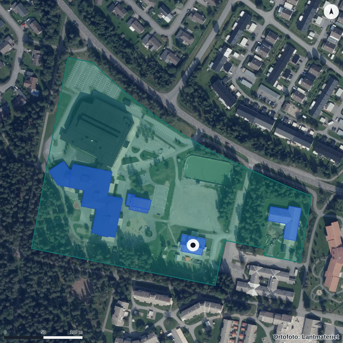 Flygbild över Norrskenets Förskola, ortofoto från Lantmäteriet