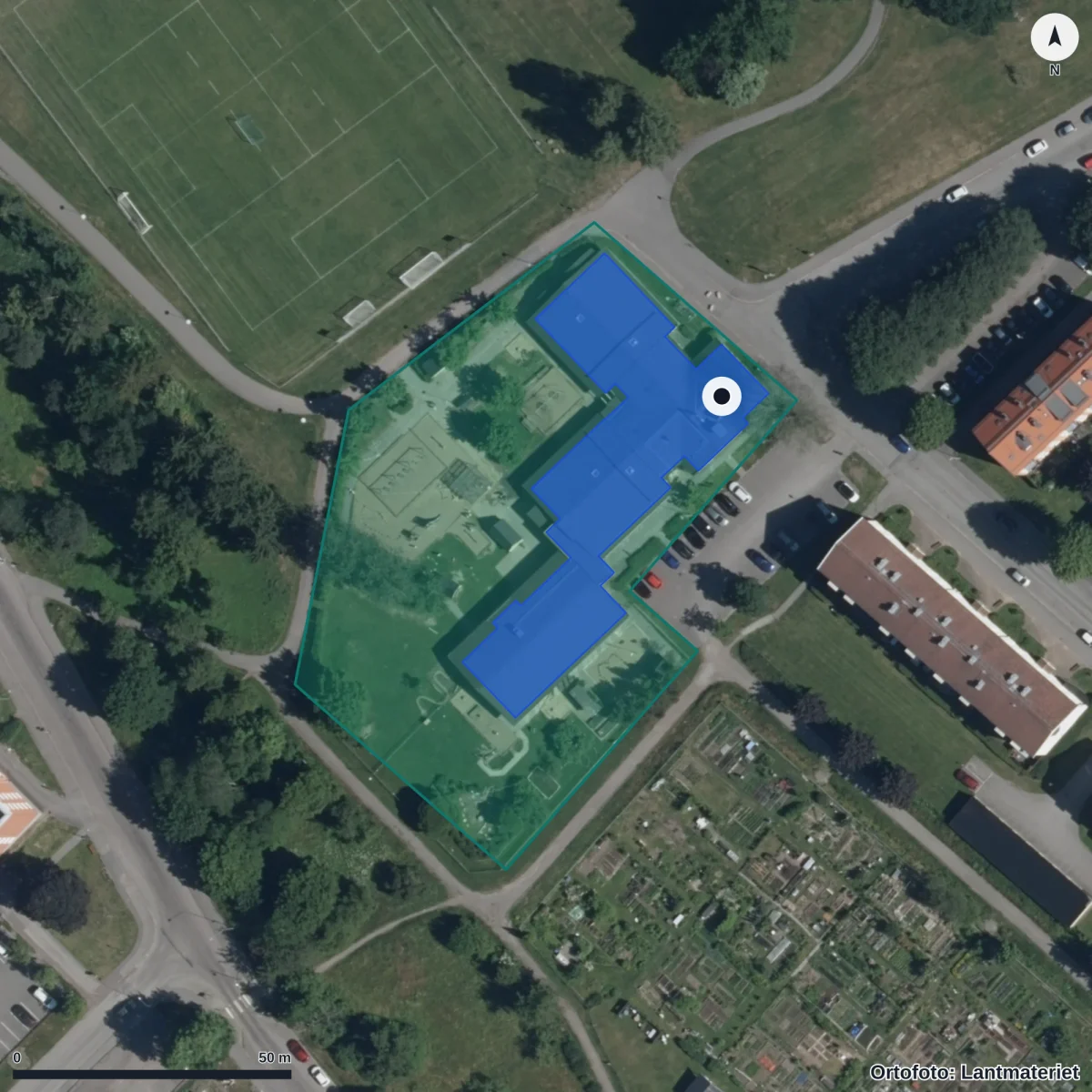 Flygbild över Domarringens Förskola, ortofoto från Lantmäteriet