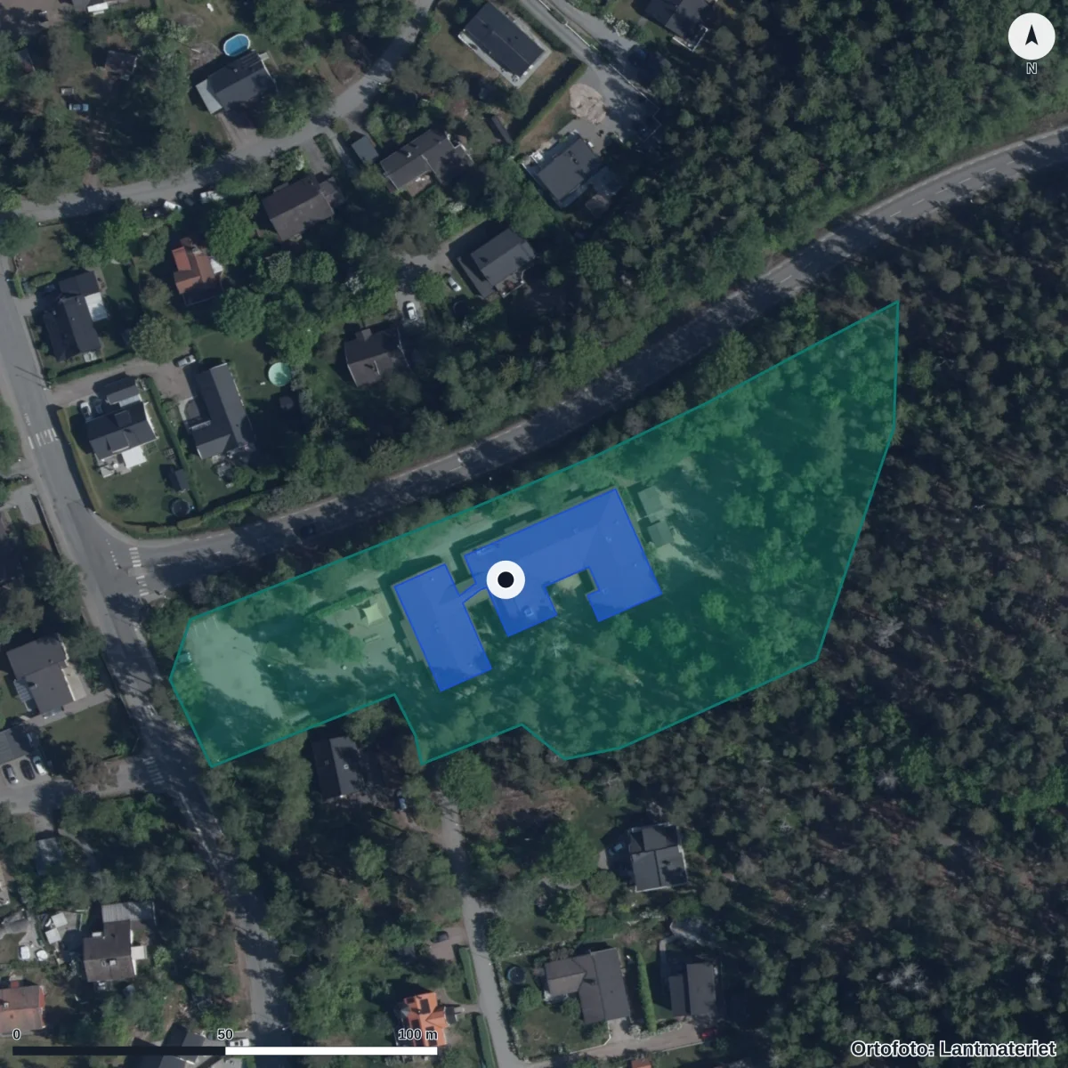 Flygbild över Pysslingen Förskolor Törnskogen, ortofoto från Lantmäteriet