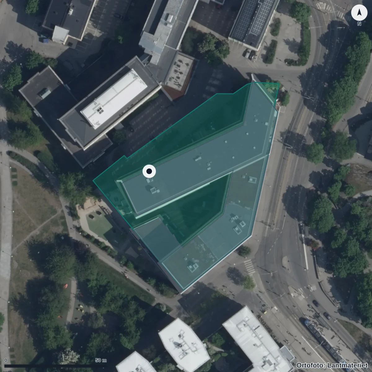Flygbild över Förskolan Rosteriet, ortofoto från Lantmäteriet