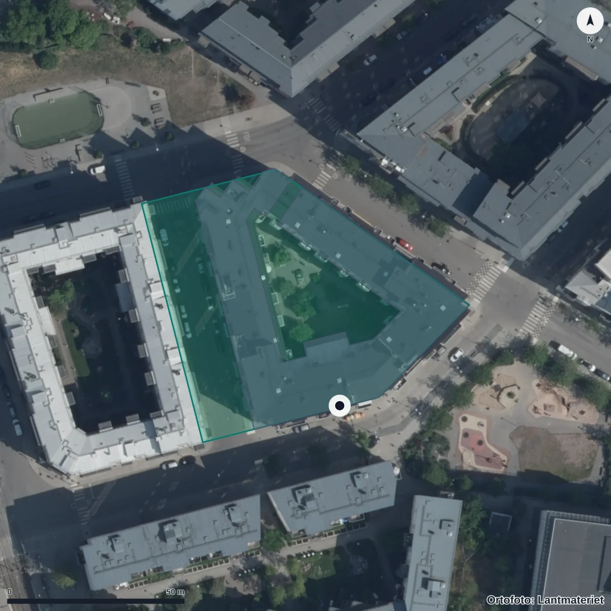 Flygbild över Förskolan Parken, ortofoto från Lantmäteriet