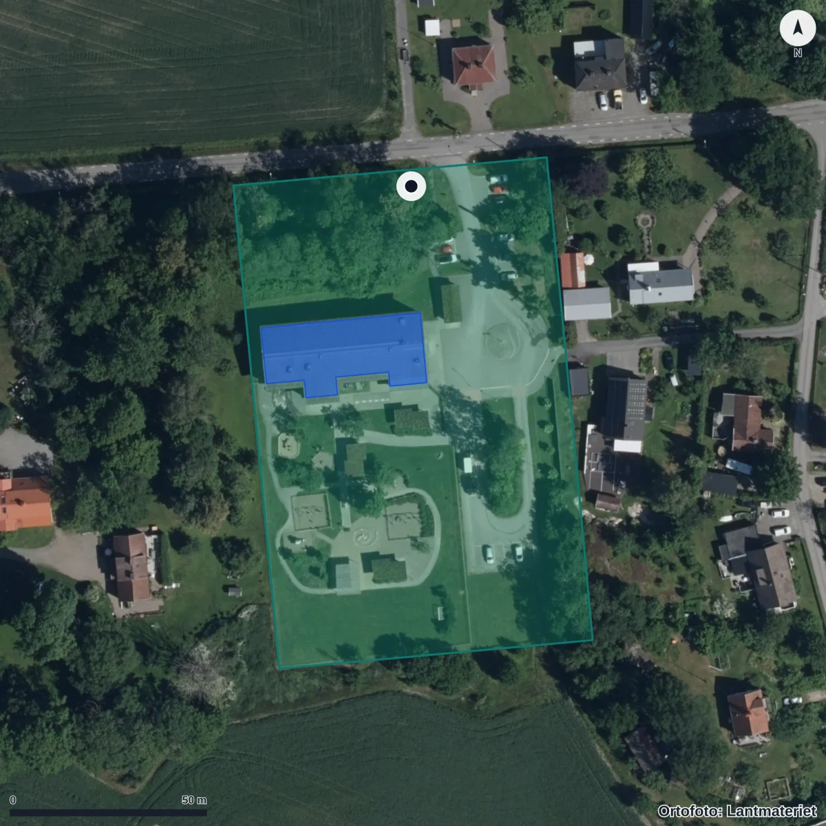 Flygbild över Äppellundens Förskola, ortofoto från Lantmäteriet