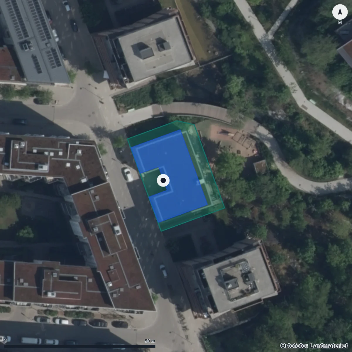 Flygbild över Förskolan Fjällklockan, ortofoto från Lantmäteriet