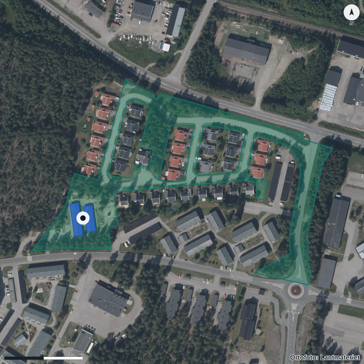 Flygbild över Rammelbergets Förskola, ortofoto från Lantmäteriet