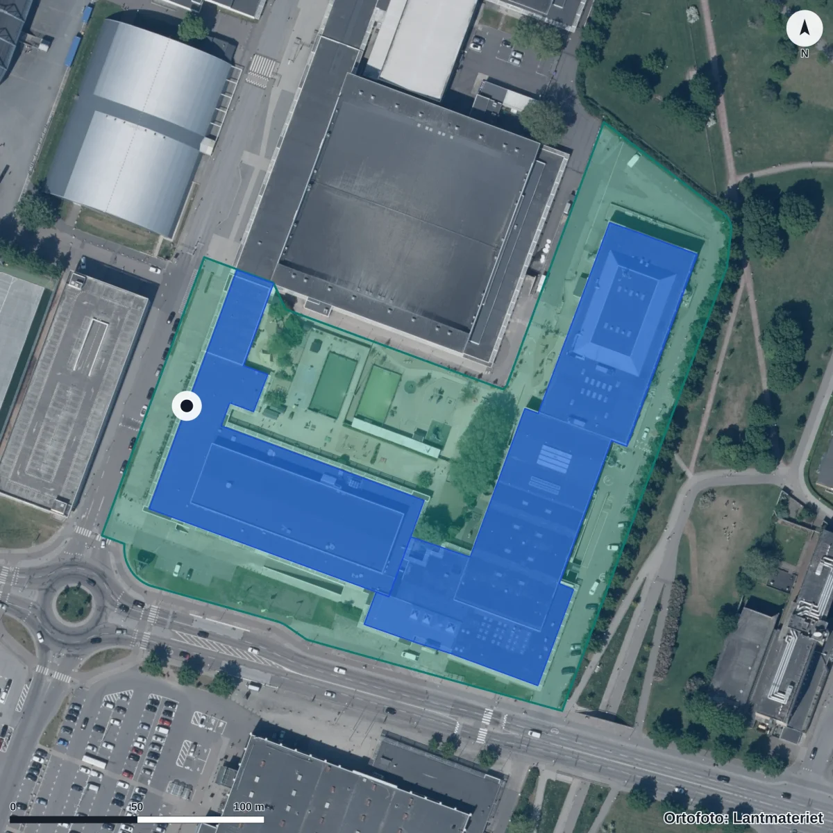 Flygbild över Europaportens Förskola, ortofoto från Lantmäteriet
