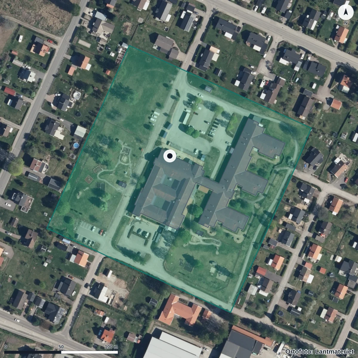Flygbild över Solsidans Förskola, ortofoto från Lantmäteriet