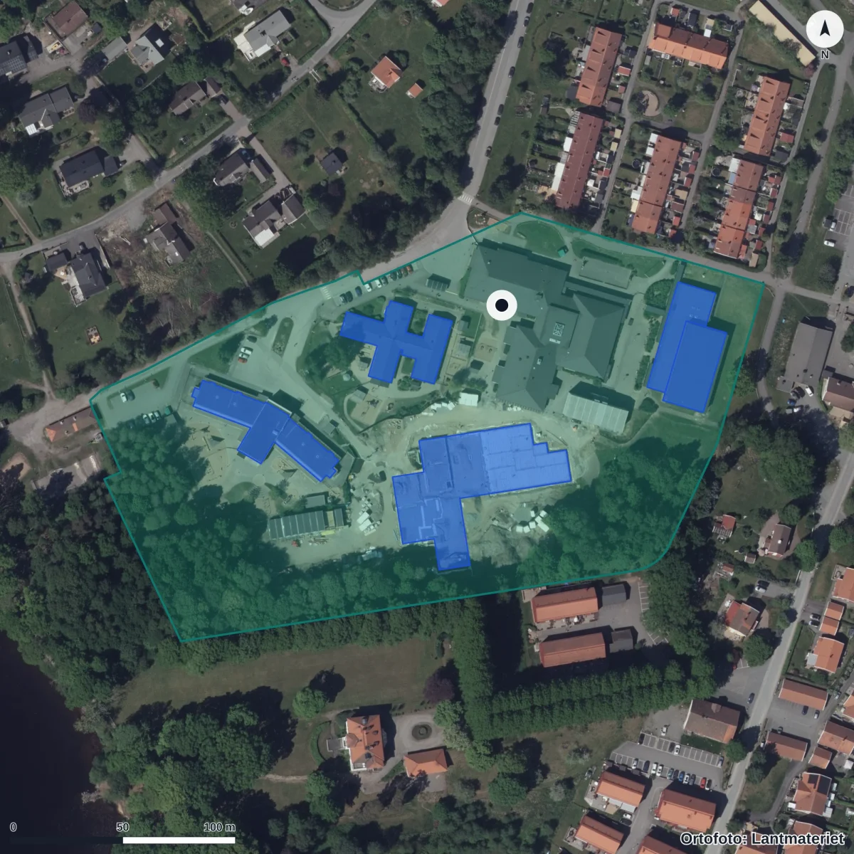 Flygbild över Ingareds Förskola, ortofoto från Lantmäteriet