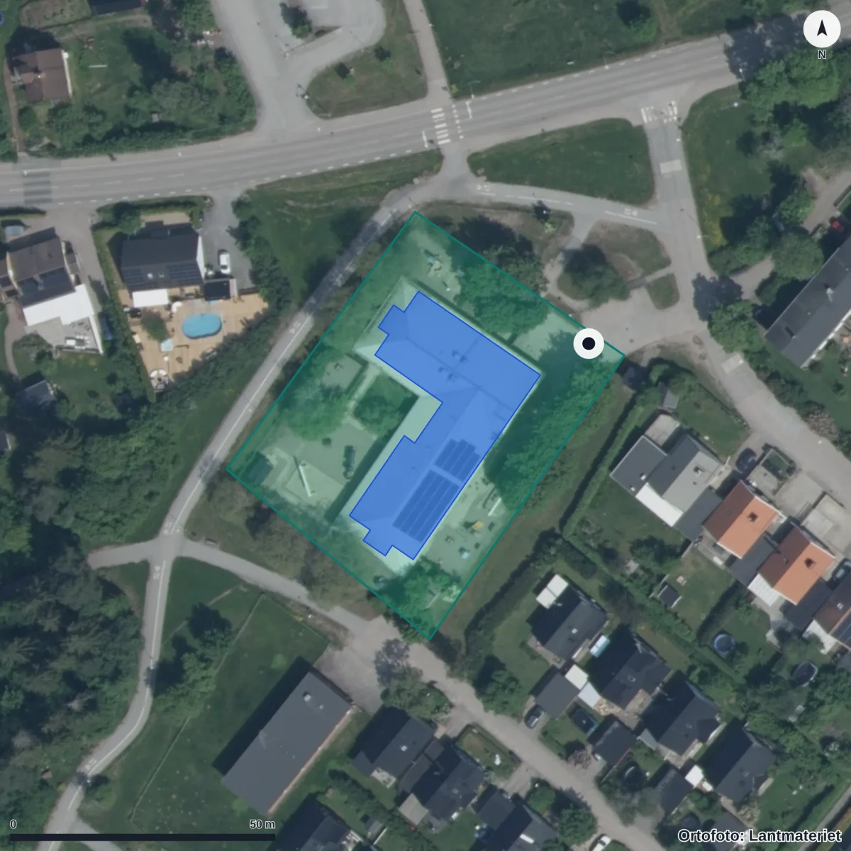 Flygbild över Astrakanens Förskola, ortofoto från Lantmäteriet