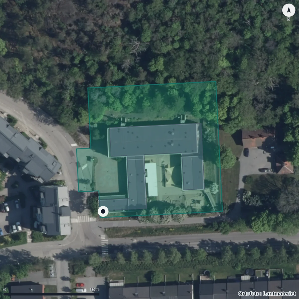 Flygbild över Förskolan Sätragårdsvägen 8, ortofoto från Lantmäteriet
