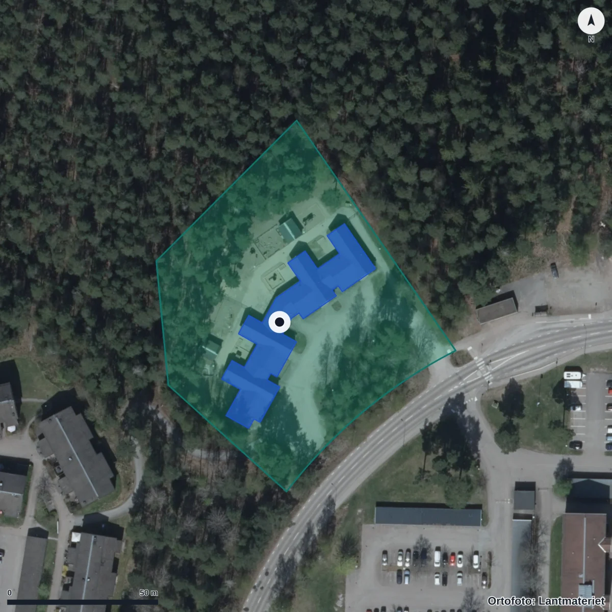 Flygbild över Rudsskogens Förskola, ortofoto från Lantmäteriet
