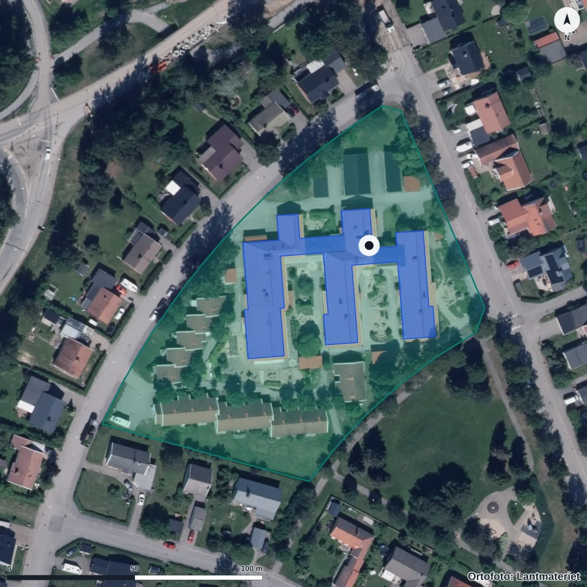 Flygbild över Förskolan Rymden, ortofoto från Lantmäteriet