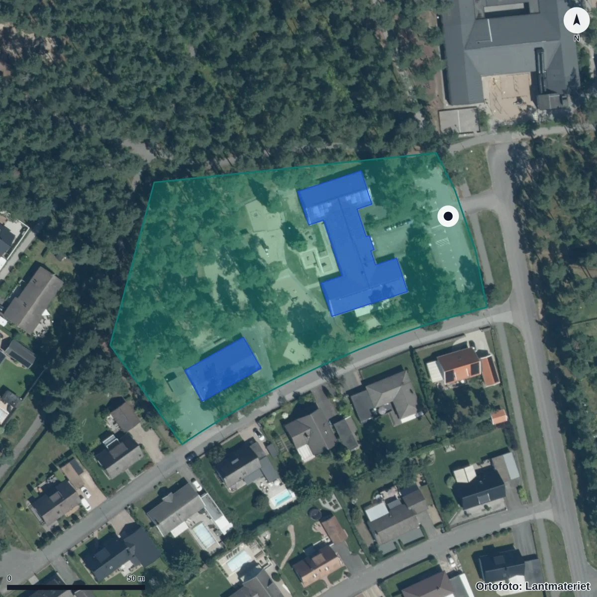 Flygbild över Fullriggarens Förskola, ortofoto från Lantmäteriet